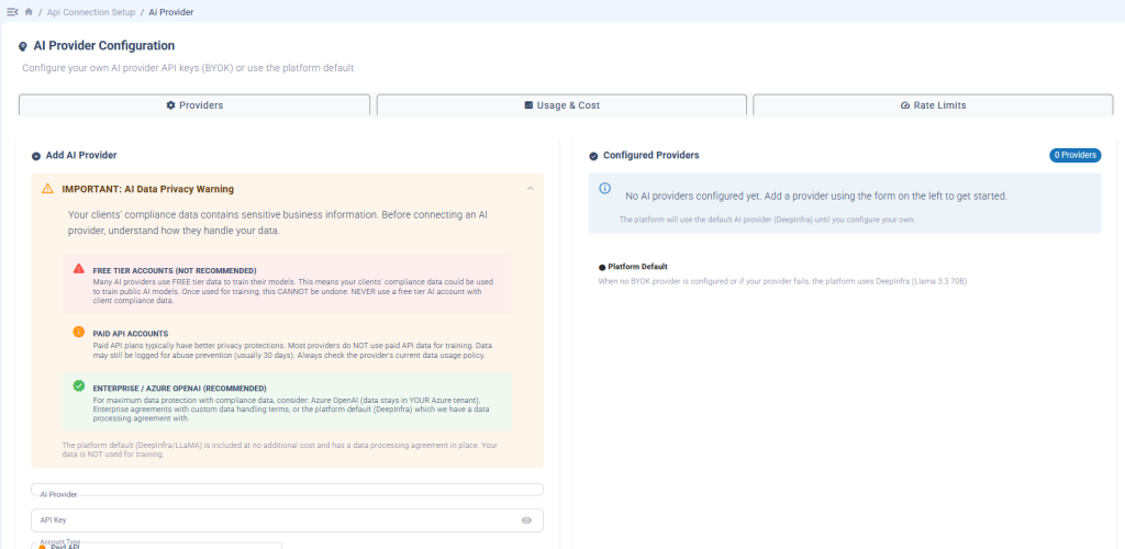 AI Provider Configuration BYOK setup with data privacy warnings and provider options