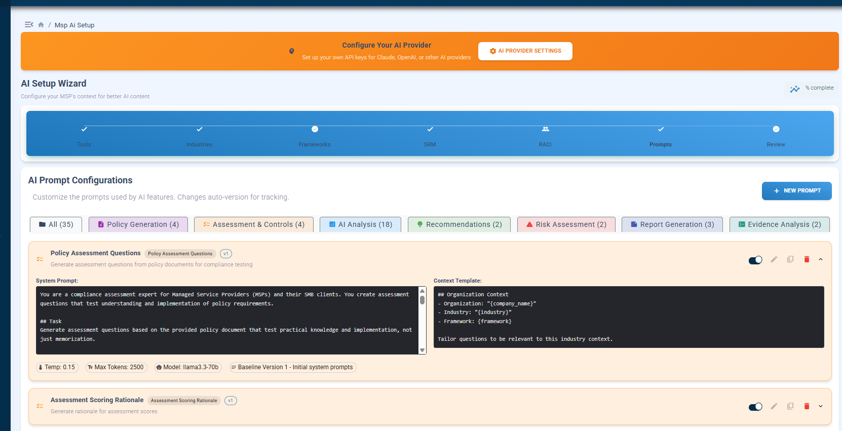 AI Prompt Configurations 30+ prompts across 7 categories