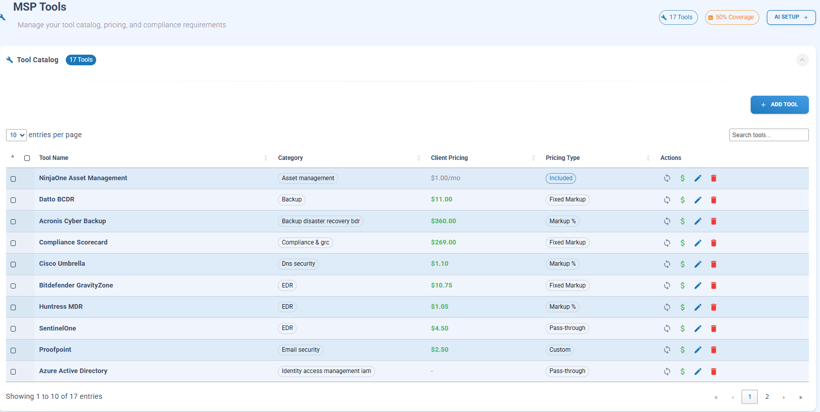 MSP Tools catalog showing configured tools
