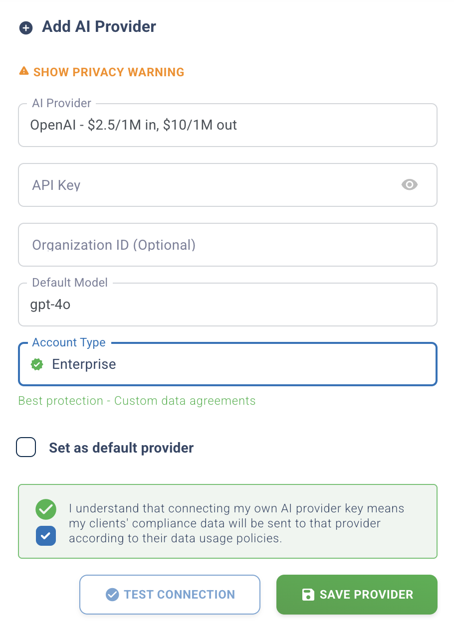 Add OpenAI provider modal with API key configuration