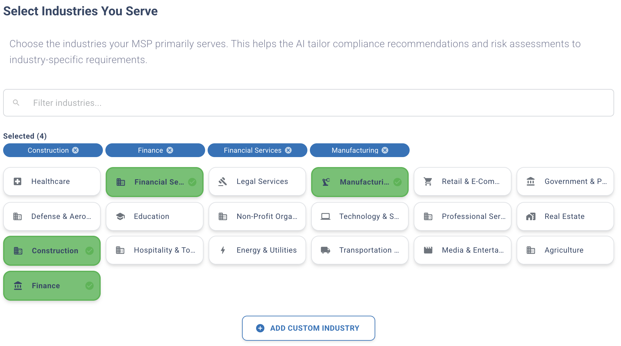 Industry selection interface with healthcare, finance, and legal checked